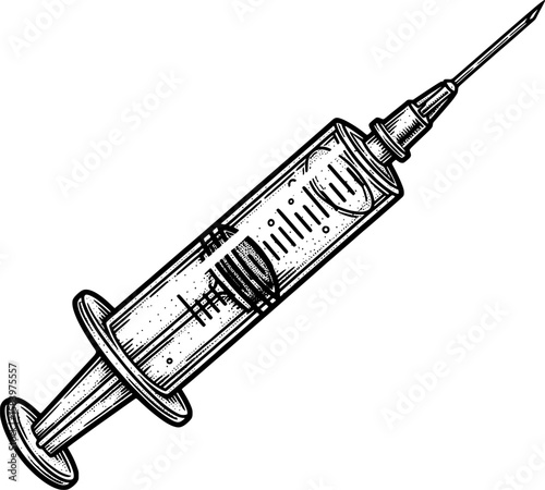 Medical syringe with measurement markings and needle tip in hand-drawn style