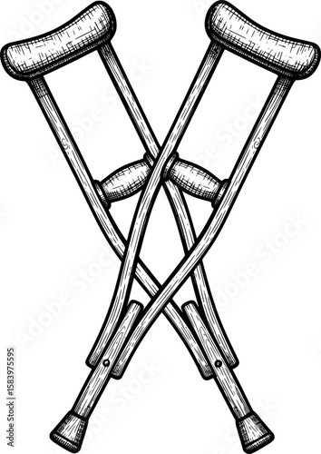 Crossed crutches with wooden texture and support pads in hand-drawn style