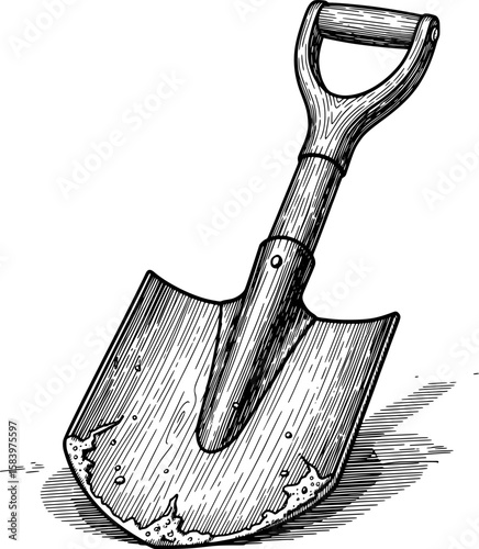 Construction shovel with flat blade and wooden handle in hand-drawn style