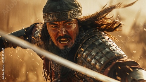 Fierce Mongol warrior in traditional armor wielding sword during intense battle scene with dramatic lighting and dust particles creating cinematic atmosphere