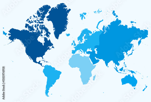 Map of World. Just a simple border map with continent division. Light blue color palette. Blank map with administrative division. Vector illustration.
