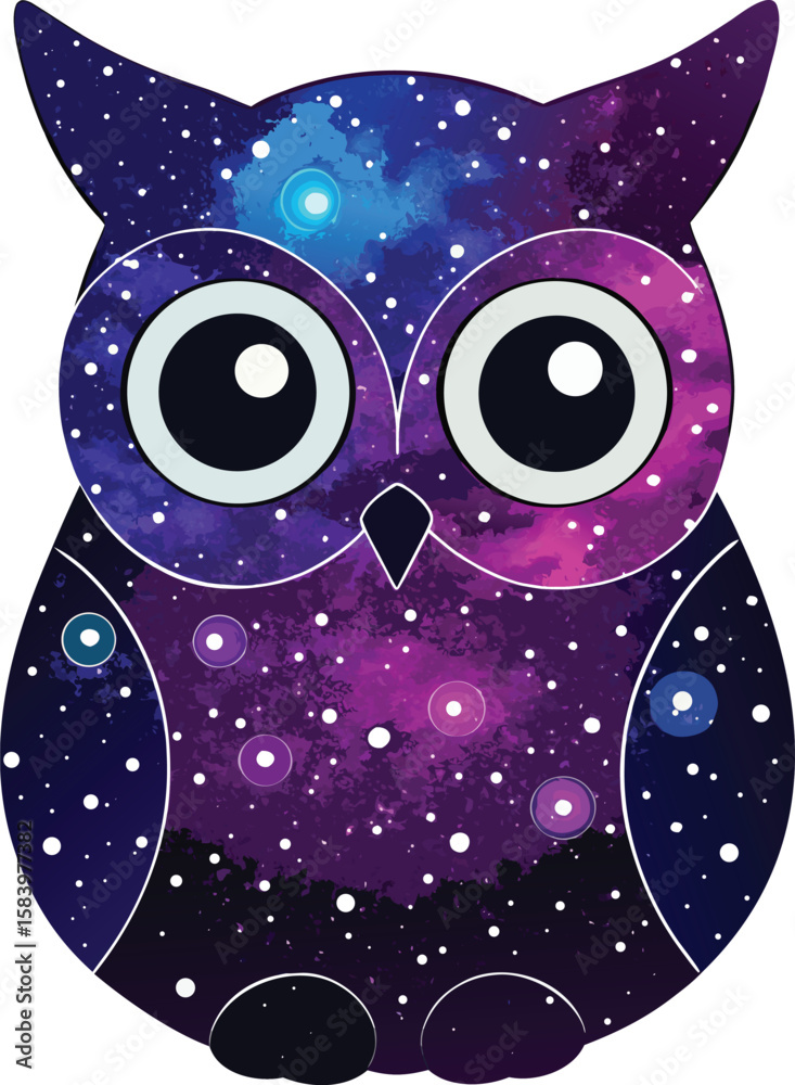 Obraz premium Whimsical galaxy owl illustration with vibrant cosmic colors and starry details