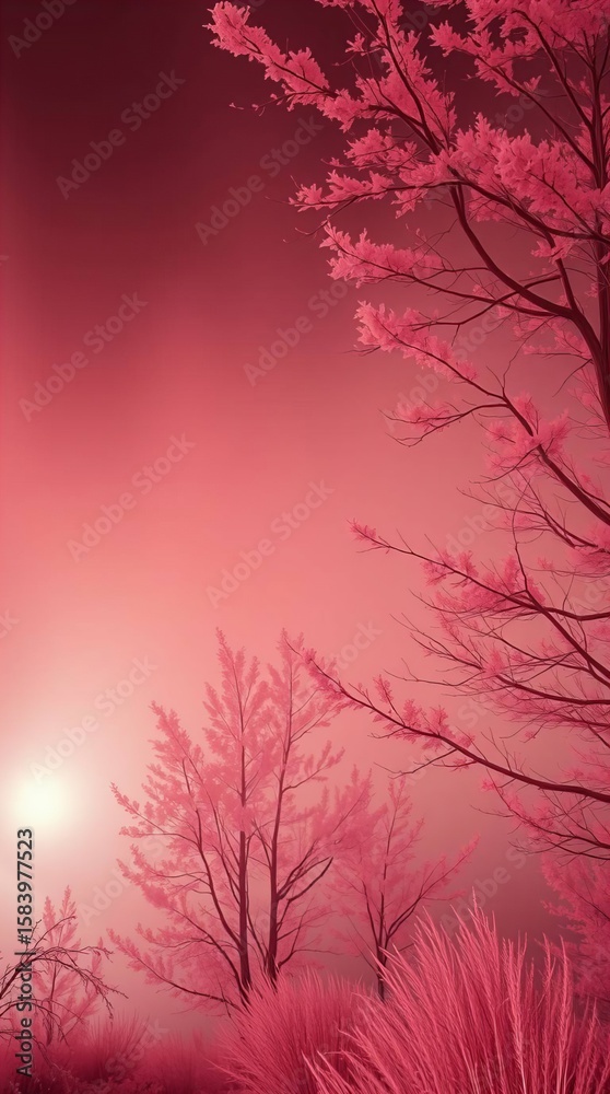Obraz premium Infrared Foggy Trees Emerge Through Crimson Light 