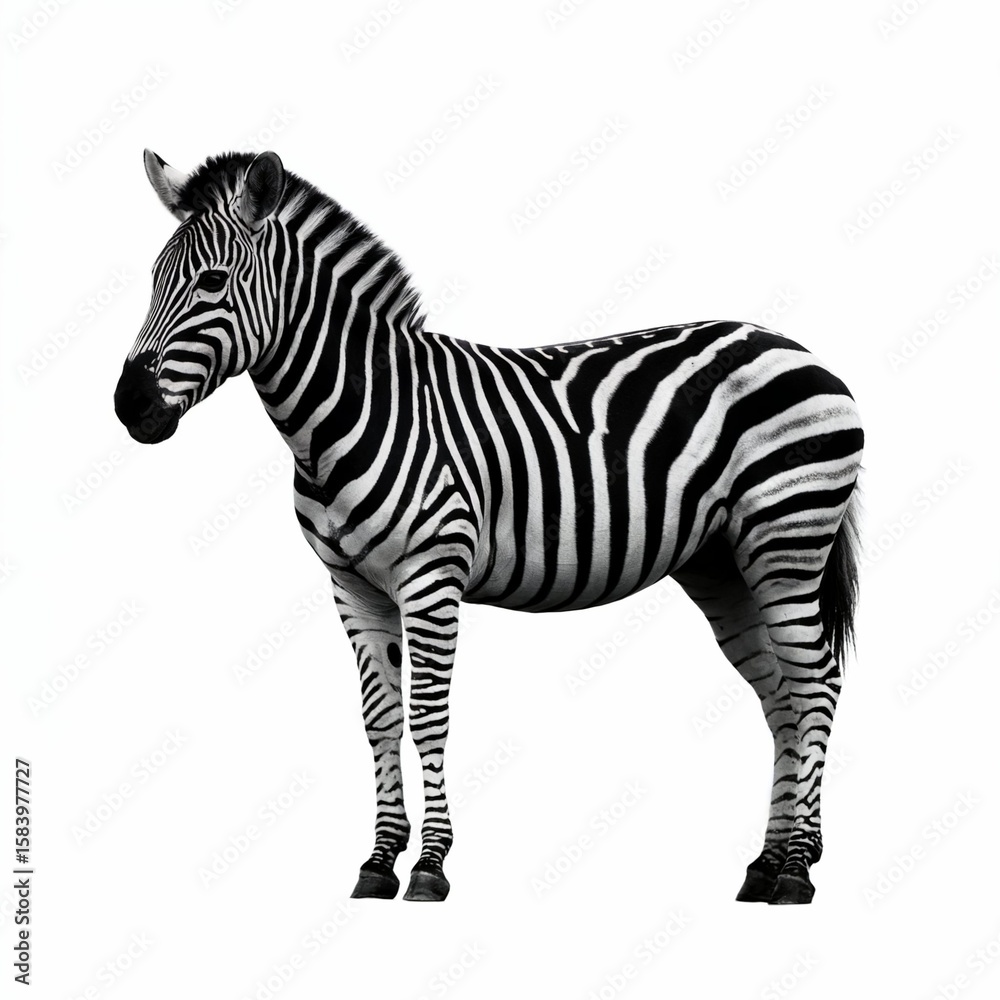 Fototapeta premium A dramatic, high-contrast black and white portrait photograph captures a majestic zebra standing in profile against a seamless, pure white backdrop