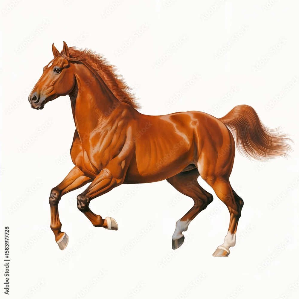 Obraz premium A detailed digital illustration of a powerful bay horse captured in mid-stride against a stark, pure white background