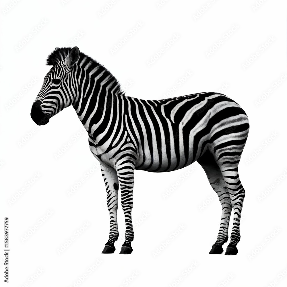 Fototapeta premium A dramatic, high-contrast black and white portrait photograph captures a majestic zebra standing in profile against a seamless, pure white backdrop