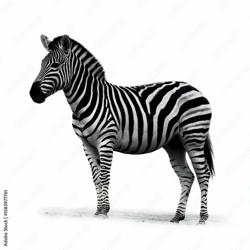 Obraz premium A dramatic, high-contrast black and white portrait photograph captures a majestic zebra standing in profile against a seamless, pure white backdrop