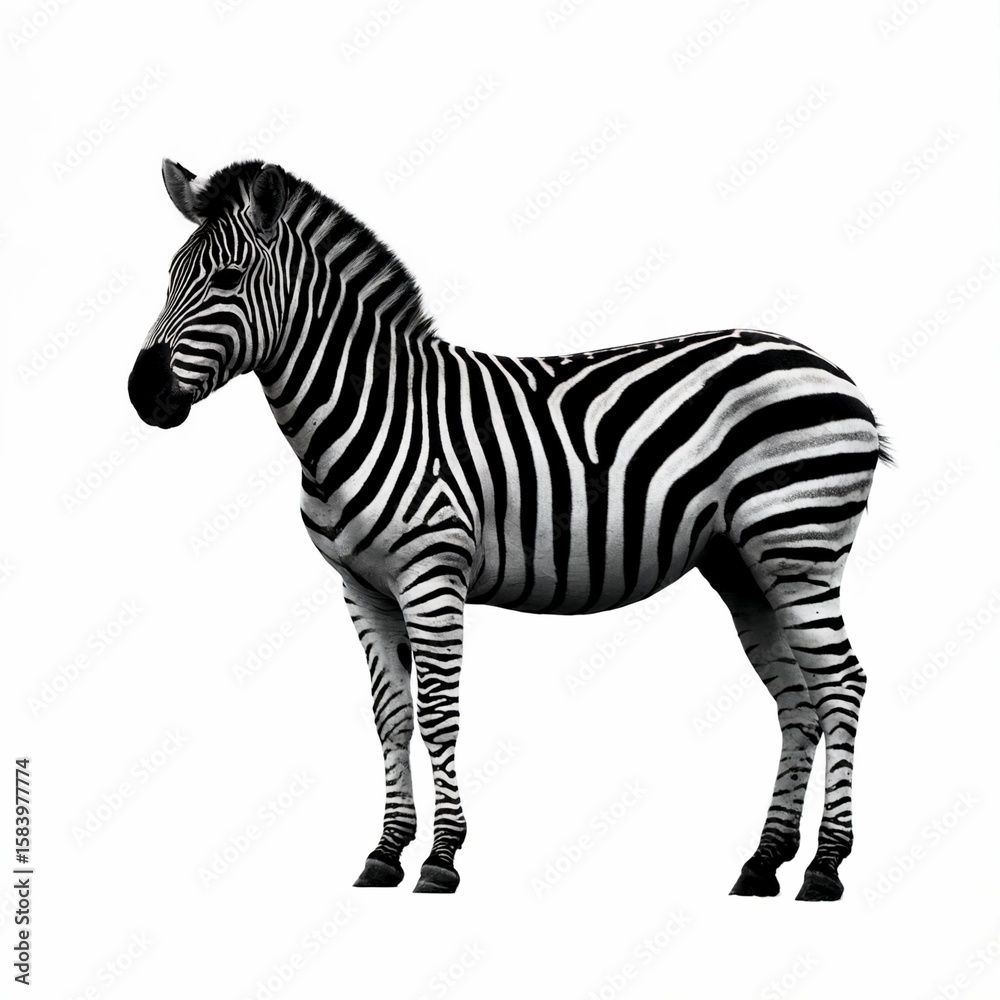 Obraz premium A dramatic, high-contrast black and white portrait photograph captures a majestic zebra standing in profile against a seamless, pure white backdrop
