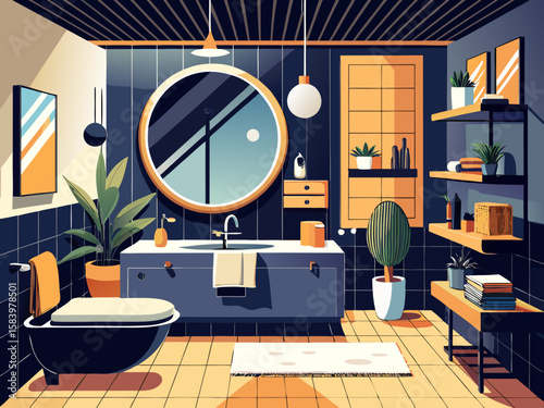 vector of Modern bathroom with all bathroom facilities in black color and a large round mirror.