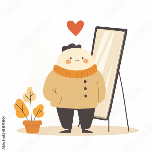 A soft and friendly illustration of a character looking into a mirror, symbolizing self-acceptance and emotional growth, perfect for mental health posters and wellness decor