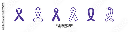 Violet ribbon vector set for Hodgkin lymphoma awareness. Includes solid and outline styles. Ideal for medical campaigns, oncology support graphics, charity events, and cancer awareness materials
