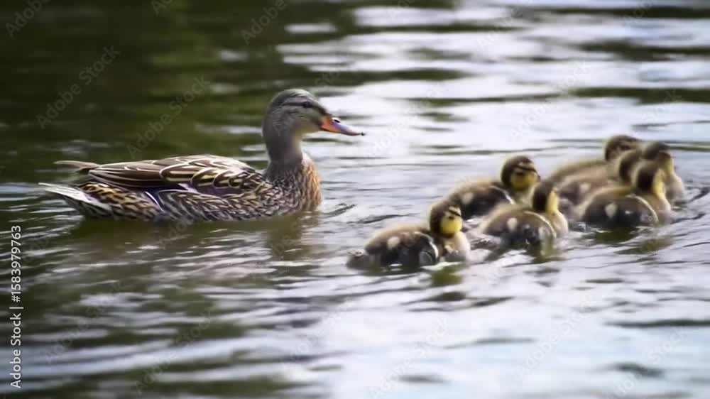 A mother duck swims with her many ducklings in a body of water on a sunny day outdoors A mother duck swims with her many ducklings in a body of water on a sunny day outdoors