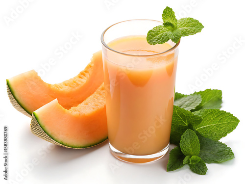 A refreshing cantaloupe juice with mint garnish and cantaloupe slices on a white background surface