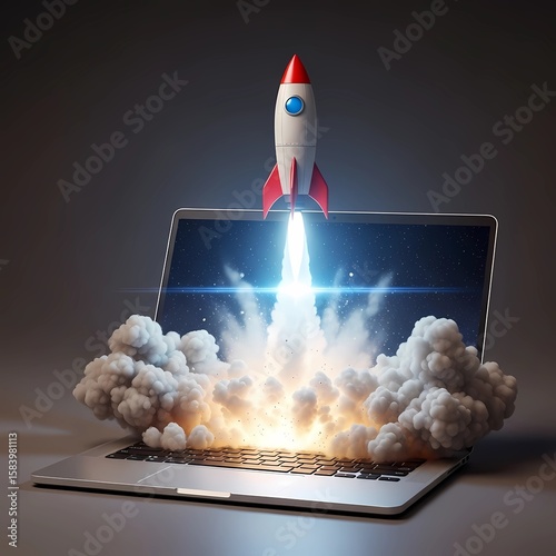 Laptop Launch Ignite Your Imagination with a Soaring Rocket, Visualize digital success.
