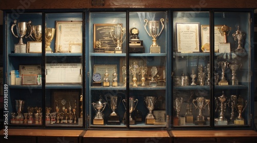 Display case filled with trophies and certificates