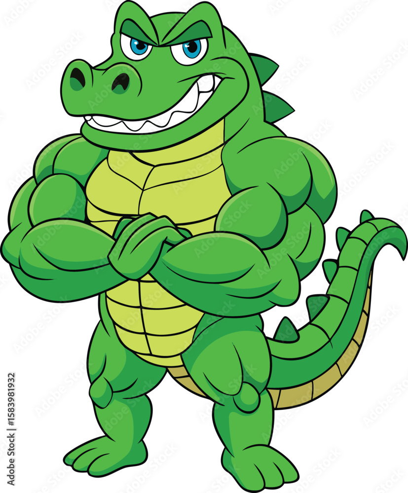Obraz premium Muscular cartoon alligator with blue eyes and confident grin flexing biceps