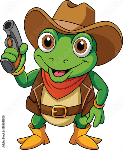 Cute cartoon frog dressed as a cowboy holding a pistol and wearing a bandana