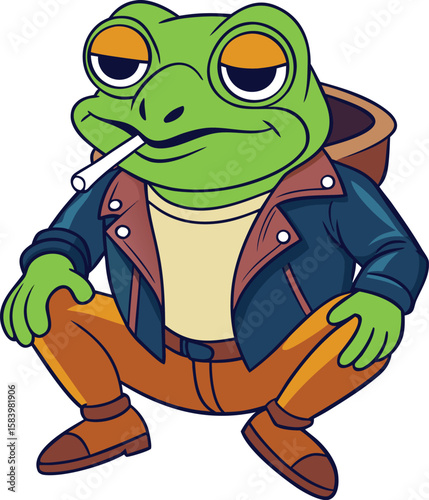 Cool cartoon frog wearing a leather jacket and smoking a cigarette while squatting