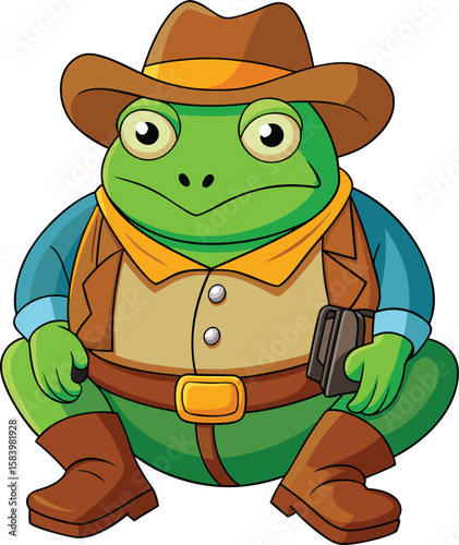 Cartoon frog dressed as a cowboy holding a small satchel