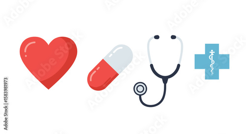 Illustration showing a heart, a capsule pill, a stethoscope, and a medical cross