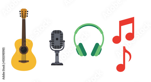 Illustration of a guitar, microphone, headphones, and two red musical notes on white