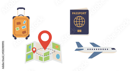 Illustration of travel essentials including a suitcase passport map and airplane design