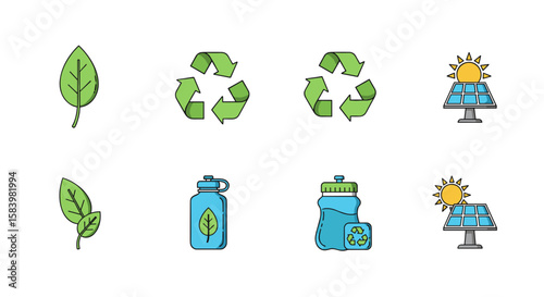 Illustration showing leaves, recycle symbols, water bottles, and solar panels for eco themes