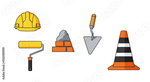 Illustration of construction tools including hard hat paint roller bricks and traffic cone