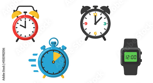 Illustration showcasing a red alarm clock, a black alarm clock, a blue stopwatch, and a watch