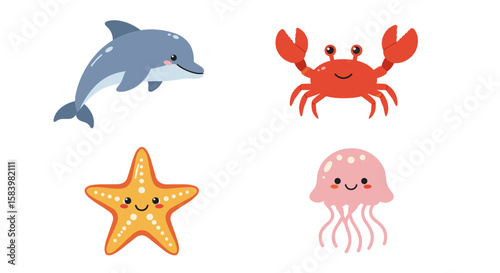 Illustration of a dolphin, crab, starfish, and jellyfish with cute cartoon faces