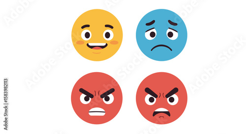 Illustration of four oval shaped emoji faces expressing different emotions shown here