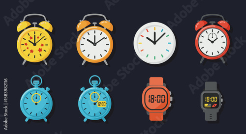 Collection of colorful alarm clocks and digital watches displayed on a dark background