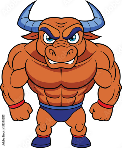 Muscular cartoon bull character with blue horns and wrestling attire
