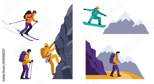 Illustrations depicting skiing, climbing, snowboarding and hiking in mountainous terrain