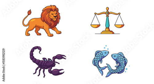 Illustration of four zodiac signs including leo libra scorpio and pisces on a white background