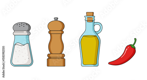 Illustration of salt shaker, pepper grinder, oil bottle, and red chili pepper pod art