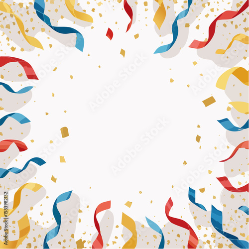 Festive confetti and ribbons frame a celebratory white space.