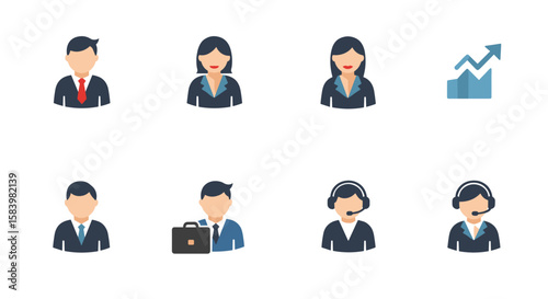 Illustration showing various business professionals and a rising graph on a white background