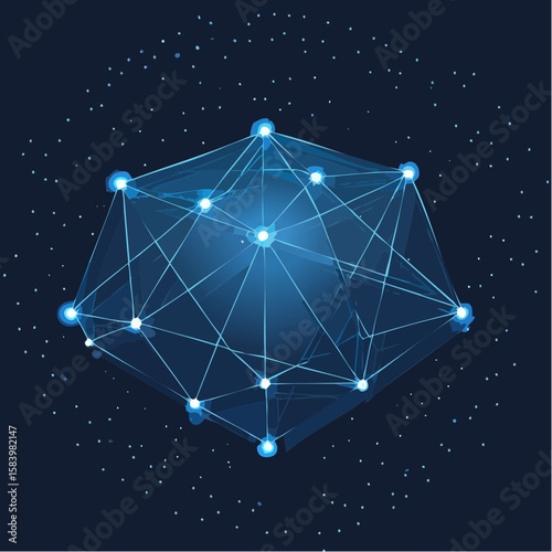 Abstract digital illustration of interconnected nodes forming a geometric shape, glowing.