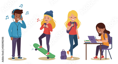 Illustration of students with technology including headphones skateboard and laptop