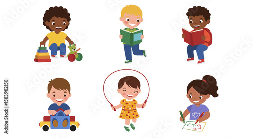 Illustration of diverse group of children engaging in various playful activities indoors