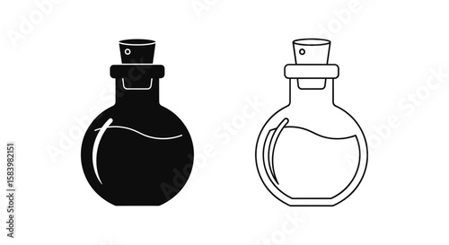 Two bottles with corks one filled black and one outlined with liquid inside them both