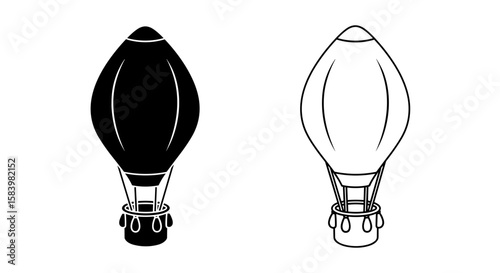 Two hot air balloons one solid black and one outlined in black on a white background