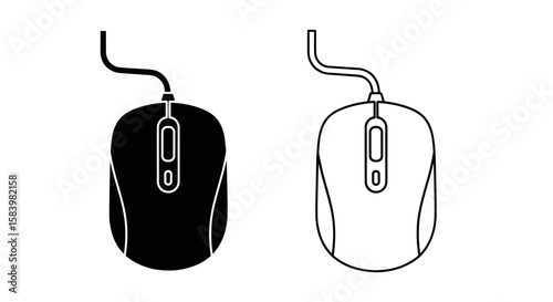 Illustration of two computer mice one black and one white with connecting wires shown