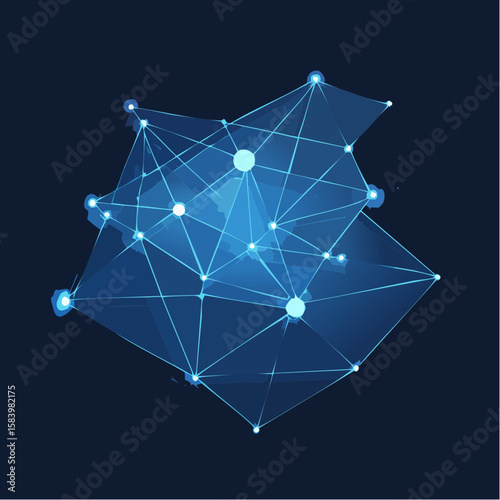 Abstract network graphic design with interconnected points and lines, creating a complex, translucent shape.
