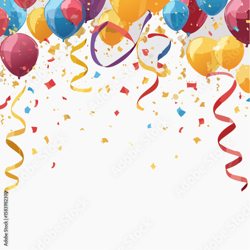 Colorful balloons and confetti falling, celebratory festive background.