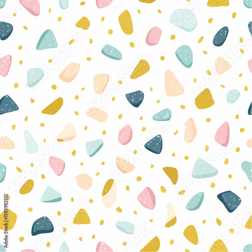 Seamless pattern of colorful terrazzo stone fragments and small dots scattered across a white background.