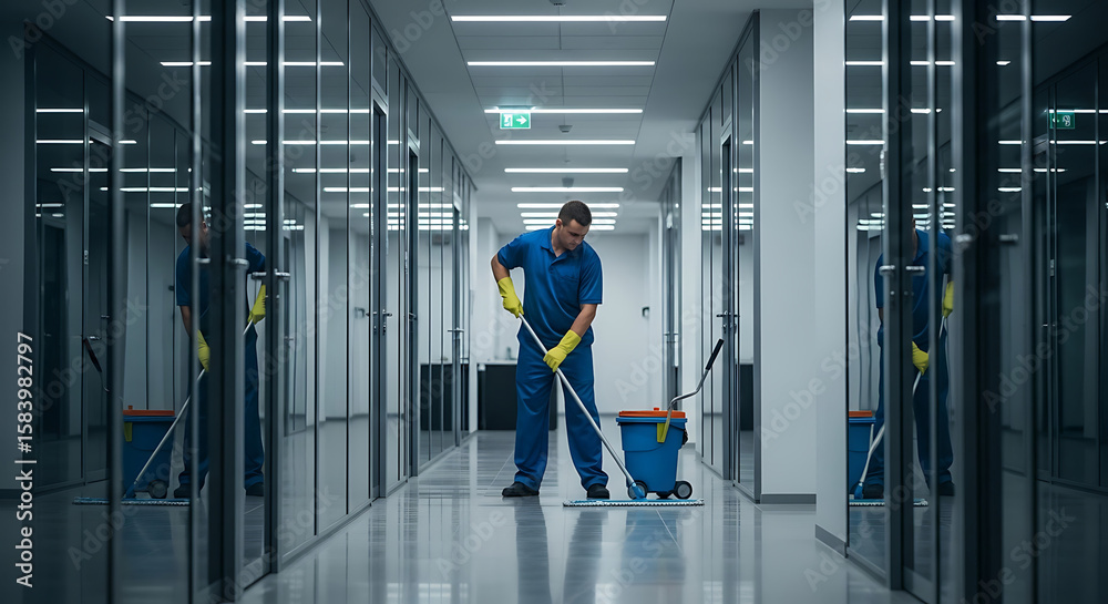 Obraz premium Office Janitor Cleaning at Night