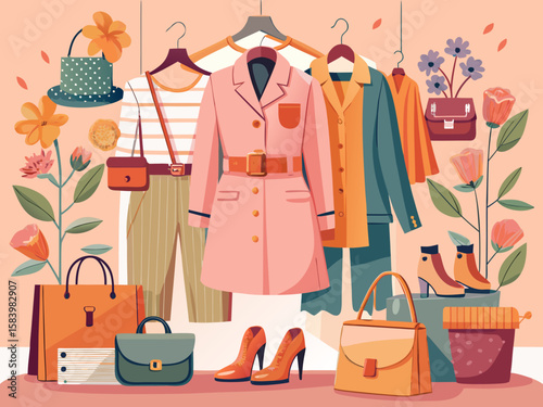vector of Choosing fashionable clothes. Stylish spring wardrobe in peach shade Fuzz