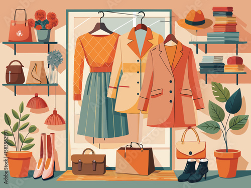 vector of Choosing fashionable clothes. Stylish spring wardrobe in peach shade Fuzz